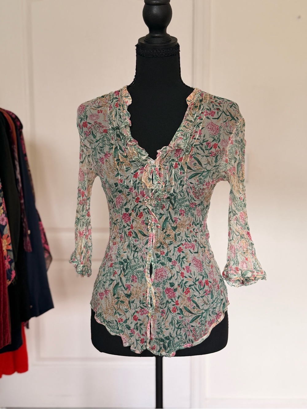 ZARA Woman Floral Sheer Ruffle Front Blouse Top